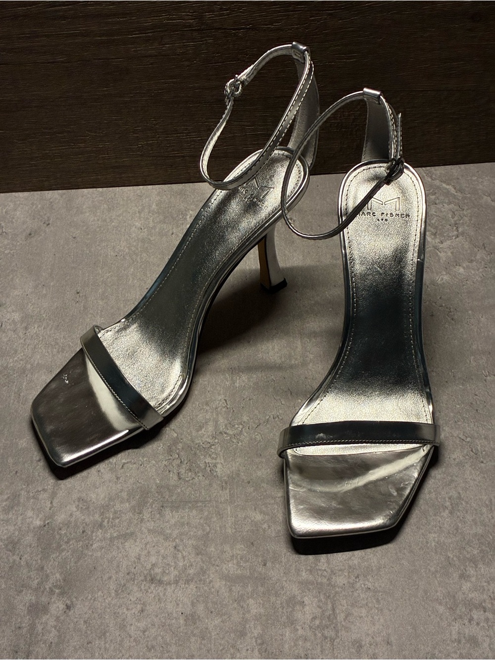 Marc Fisher Silver Square-Toe Ankle-Strap Heels 8.5